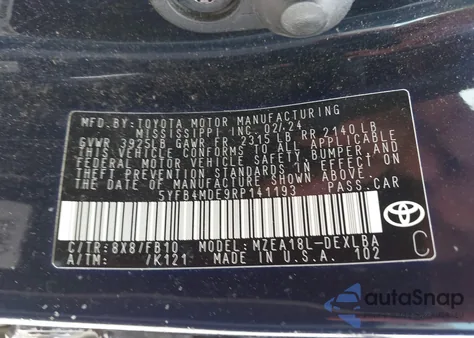 2024 Toyota Corolla Le z USA, uszkodzony, nr VIN 5YFB4MDE9RP141193